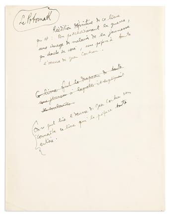 COCTEAU, JEAN. Group of 10 Autograph Manuscripts, including 5 Signed, brief or fragmentary working drafts of reviews for books or films